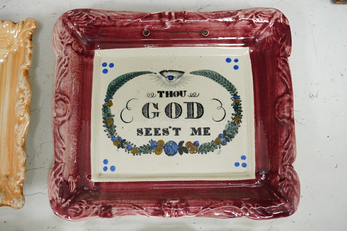 Five Victorian lustre religious wall plaques to include two ‘Prepare to meet thy god’, largest 24cm wide